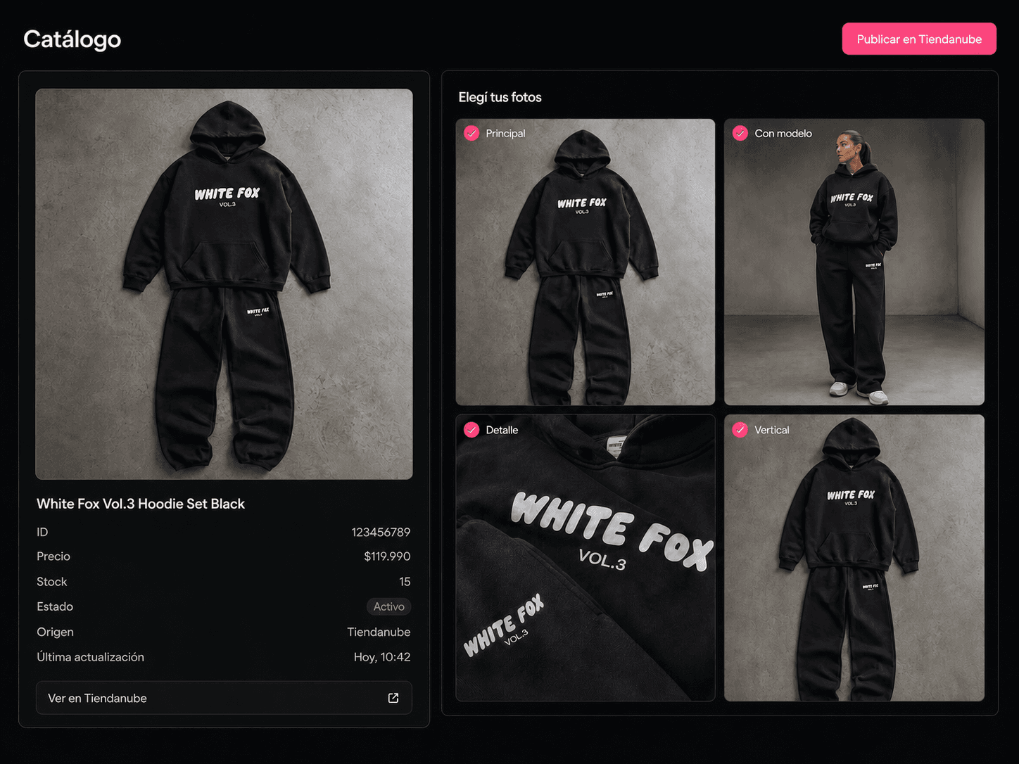 Pantalla de Pilcha para elegir cuatro fotos de una prenda y publicarlas en Tiendanube